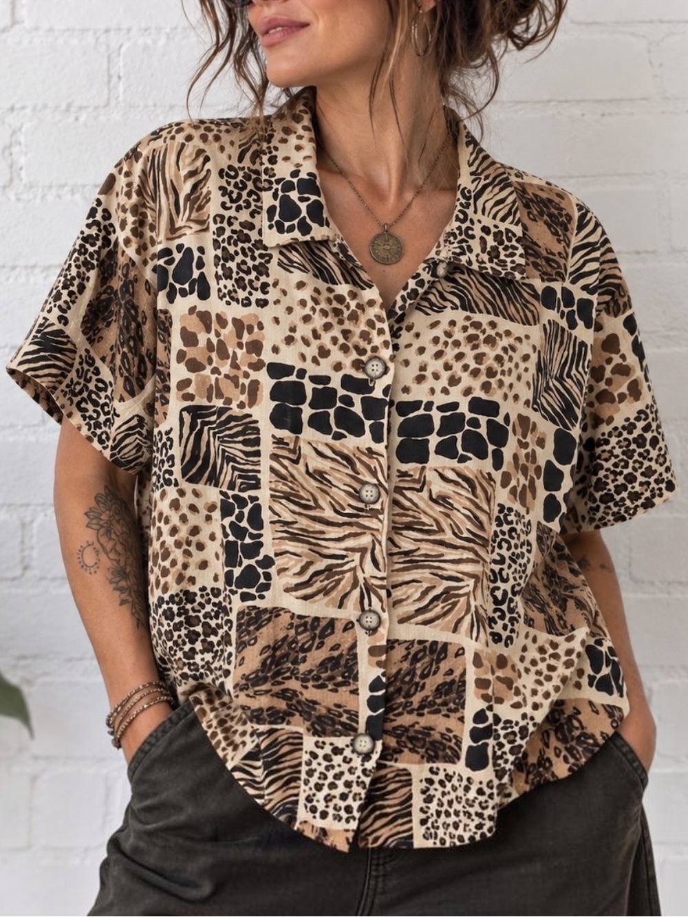 Marc Ware 100% Linen XL Animal Print Button Up Lagenlook Art to Wear Relaxed